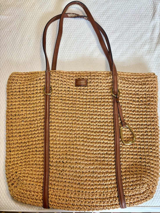 Ralph Lauren Handbags - Ralph Lauren Tan Straw Tote with Brown Leather Trim
